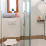 Badezimmer mit Dusche, Toilette und Fenster mit Pflanze.