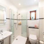 Badezimmer mit Dusche, Waschbecken und Toilette. Fenster mit Pflanze.
