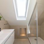 Badezimmer mit Dusche, Waschtisch und Dachfenster.