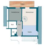 Dieses Apartment hat ein Schlafzimmer, Wohnzimmer, Küche, Bad und WC. Ein Balkon und eine Treppe sind vorhanden.