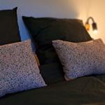 Bettkopfteil mit zwei Kissen und zwei Kissen mit Blumenmuster. Wandlampe an der Wand.