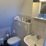 Badezimmer mit Toilette, Waschbecken und Spiegel. Dachschräge, Fliesenwand und blauer Toilettenpapierhalter.