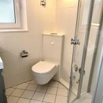 Badezimmer mit Dusche, Toilette und Waschbecken.