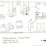 Ferienwohnung mit Küche, Wohnzimmer, Schlafzimmer und Bad. Skizze zeigt Raumverteilung.