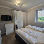 Schlafzimmer mit Doppelbett, Schrank und TV. Fenster mit Blick auf Grün.