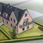 Modernes Haus mit Steinmauer, Balkon und Garten. Nebenhaus und Terrasse sichtbar.