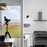 Kitchen with gas stove and view of field. Telescope on tripod.