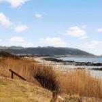 Beach with rock protection, dry grass, and hillside landscape in the background.