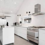 Modern kitchen with white cabinets, stainless steel appliances, and kitchen island.