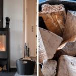 Kaminofen mit brennendem Feuer und Holzstapel daneben