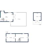 Stueplan zeigt Wohnfläche, Küche, Bad und Terrasse mit Maßen.