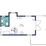 Stueplan zeigt Küche, Bad, Terrasse und Wohnbereich mit Maßen.