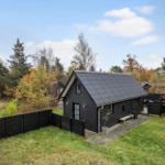 Schwarzes Holzhaus mit Dach, umgeben von Gras und Bäumen.