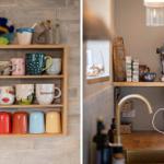Kitchen area with espresso machine and mixer. Wall shelf with colorful mugs.