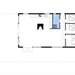 Apartment with three bedrooms, kitchen, and bathroom. Hallway with seating area.