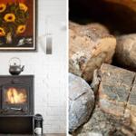 Wood stove with kettle and firewood in fireplace area