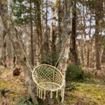 Hanging chair made of woven material between two trees in the forest