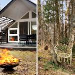 Fire in foreground, background shows modern house with terrace.