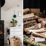 Black wood stove with burning fire next to white dresser and woodpile outside.