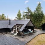 Black wooden house with terrace and grill area in the woods