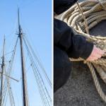 Segelschiff mit Masten und Tauwerk. Hand fasst grobe Seile.