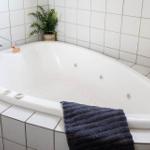 Eine Eckbadewanne mit Duschkopf, Handtuch und Pflanzen.