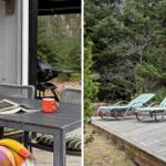 Patio with table, chairs, and grill. Outdoor deck with lounge chairs and forest view.