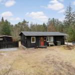 Black wooden house with red door and wooden bench in front of forest.