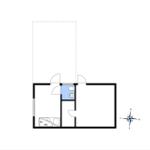 Single-family home floor plan with bedroom, bathroom, and kitchen.