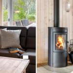 Sofa with cushions and flowers near window. Fireplace with burning wood.