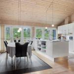 Kitchen and dining area with wooden walls and large windows.