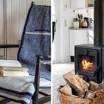 Black stove with firewood and lit fire. Chair with book and blankets.