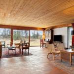 Wohnraum mit Holzdecke, Kamin und großem Fensterblick auf Wald.