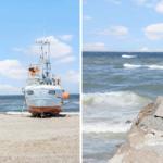 Fischerboot HM94 am Strand. Wellen brechen an Steinen.