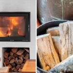 Kamin mit brennendem Holz und Holzstapel daneben