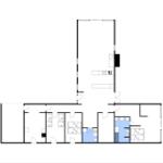 Wohnung mit drei Schlafzimmern, Küche und Bad. Orientierung mit Kompass.