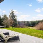 Terrace with lounge chairs and view of green lawn and forest.