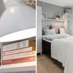 Schlafzimmer mit Bett, Bücherregal und Fensterblick.