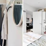 Zimmer mit Doppelbett und Schlafcouch. Kleiderhaken, Spiegel und Vorhänge sind sichtbar.