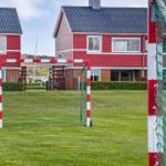 Fussballtor auf grünem Rasen vor roten Ferienhäusern