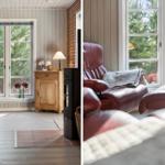 Wohnzimmer mit braunem Ledersessel und Blick auf Bäume