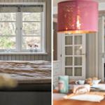 Schlafzimmer mit Fenster und Bett. Essbereich mit Tisch, Stühlen und rosa Lampe.