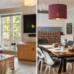 Wohnzimmer mit Fenster und Holztruhe. Essbereich mit Tisch, Stühlen und hängender Lampe.