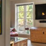 Ein Wohnzimmer mit Holzwand, Fenster und Fernseher.