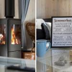Wood-burning stove and seating area in the living room.