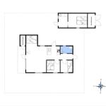 Floor plan with bedrooms, kitchen, and bathroom.