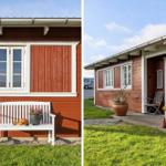 Red wooden house with white window and bench. Entrance with seating and plants.