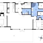 Apartment with three bedrooms, kitchen, and bathroom.