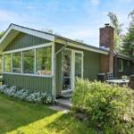 Green house with terrace and garden. Wooden siding and brick chimney.