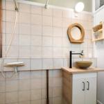 Bathroom with shower, sink, and mirror.